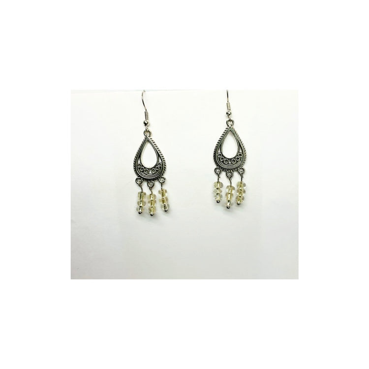 Silver Chandelier Dangle Earring with Clear Seed Beads and Silver Earwire - Small Earring for Everyday Wear, Minimalist Teardrop Design, Secure Comfortable Wear