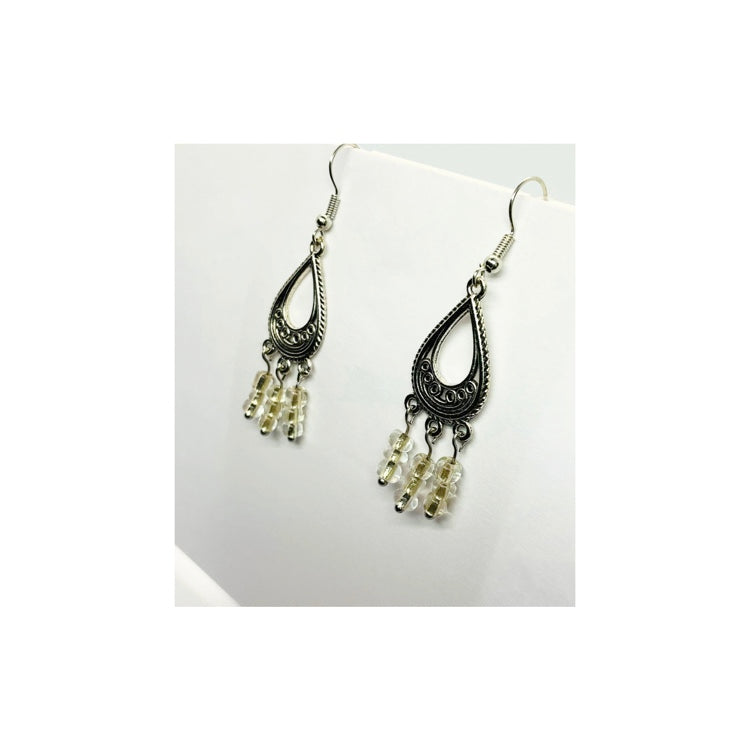Silver Chandelier Dangle Earring with Clear Seed Beads and Silver Earwire - Small Earring for Everyday Wear, Minimalist Teardrop Design, Secure Comfortable Wear