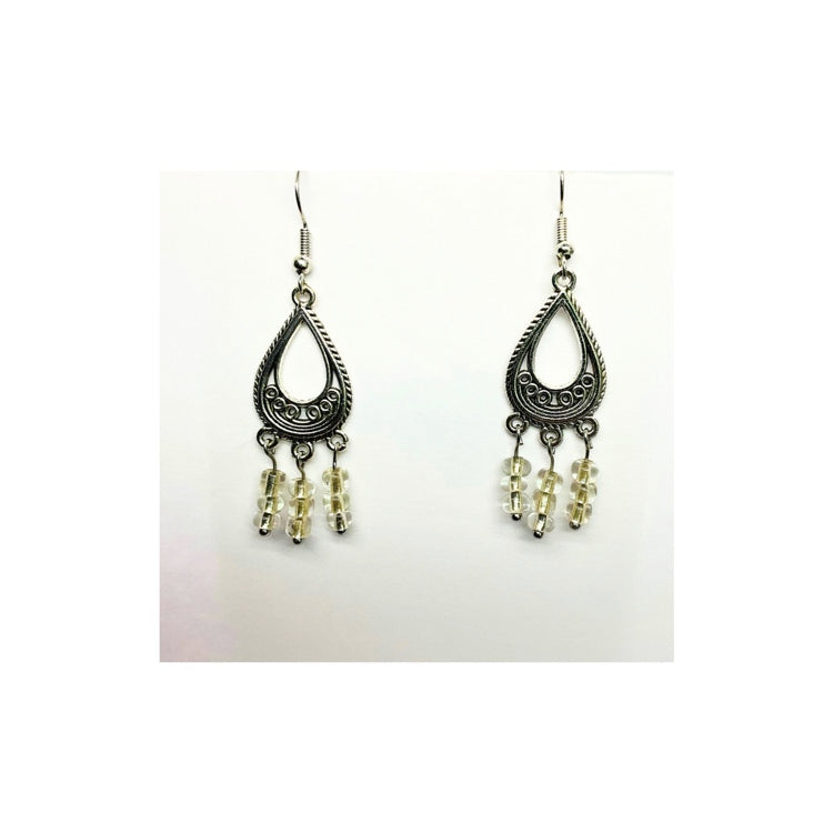 Silver Chandelier Dangle Earring with Clear Seed Beads and Silver Earwire - Small Earring for Everyday Wear, Minimalist Teardrop Design, Secure Comfortable Wear