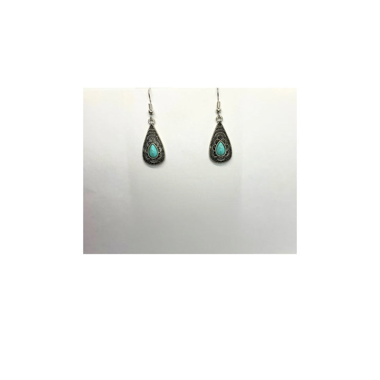 Western Style Silver Teardrop Faux Turquoise Drop Earring