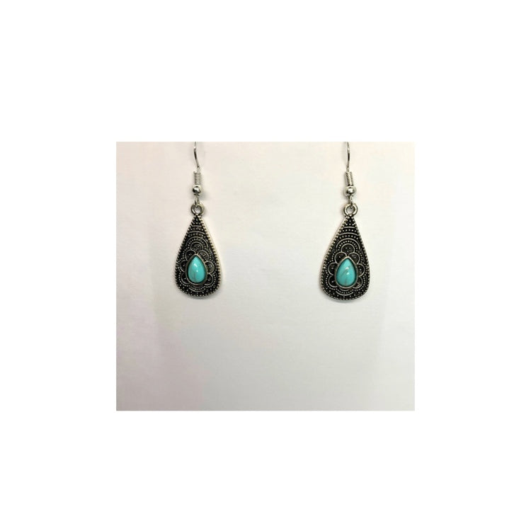Western Style Silver Teardrop Faux Turquoise Drop Earring