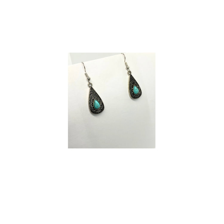 Western Style Silver Teardrop Faux Turquoise Drop Earring