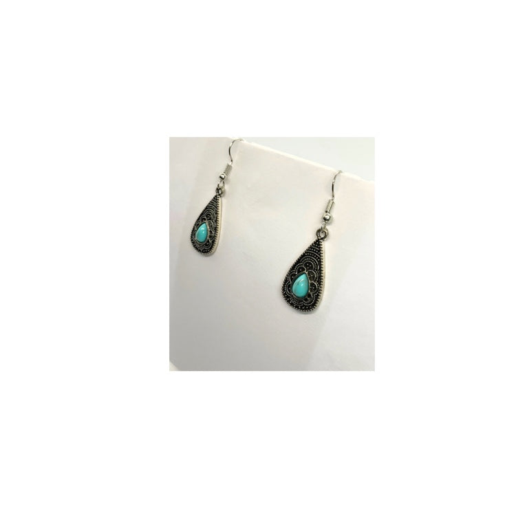 Western Style Silver Teardrop Faux Turquoise Drop Earring
