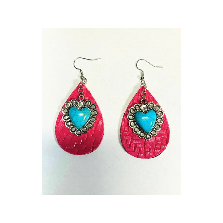 Pink Leather Teardrop Earring with Turquoise Heart Charm