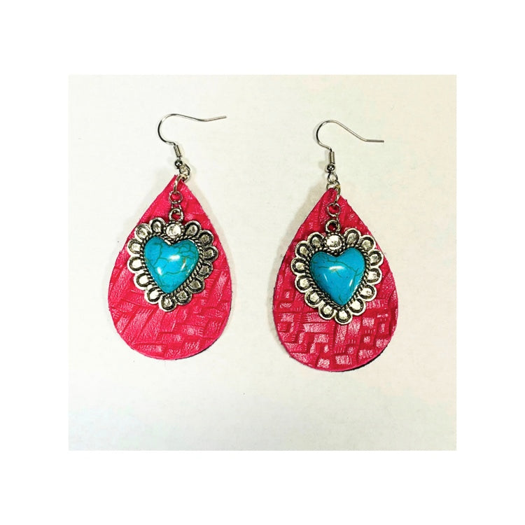 Pink Leather Teardrop Earring with Turquoise Heart Charm