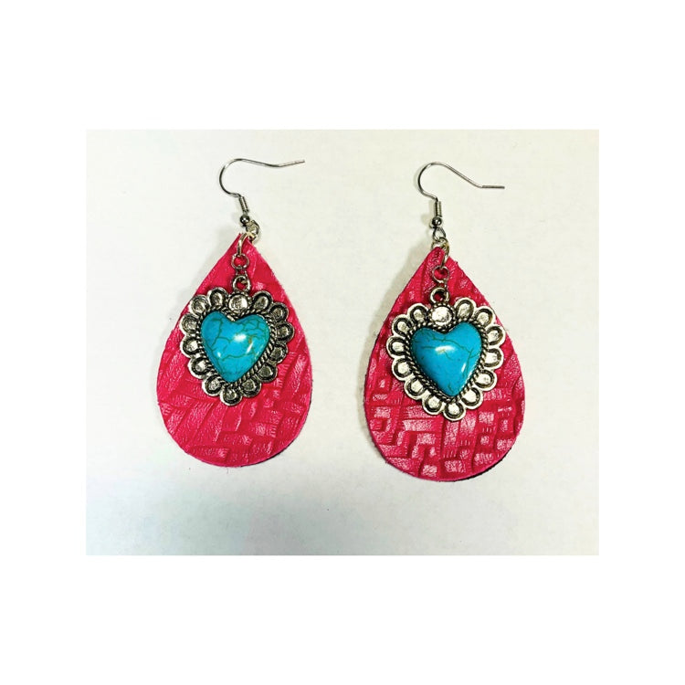 Pink Leather Teardrop Earring with Turquoise Heart Charm