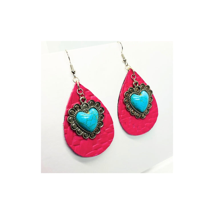 Pink Leather Teardrop Earring with Turquoise Heart Charm