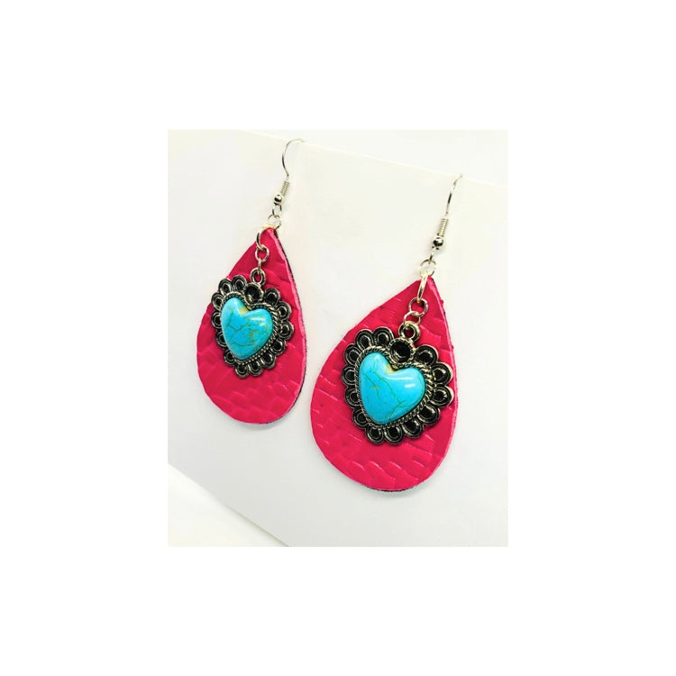Pink Leather Teardrop Earring with Turquoise Heart Charm
