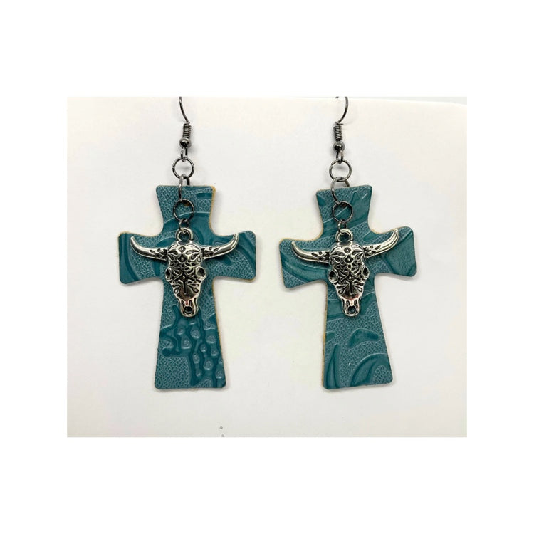 Blue Steel Faux Leather Cross Earring