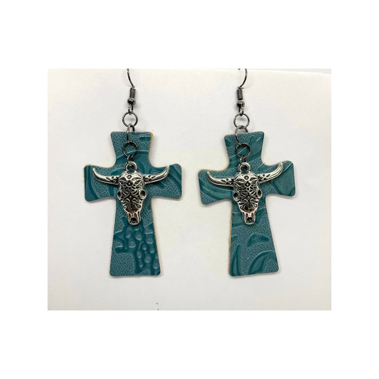 Blue Steel Faux Leather Cross Earring