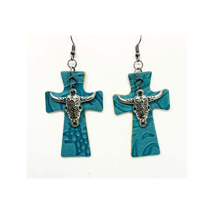 Blue Steel Faux Leather Cross Earring