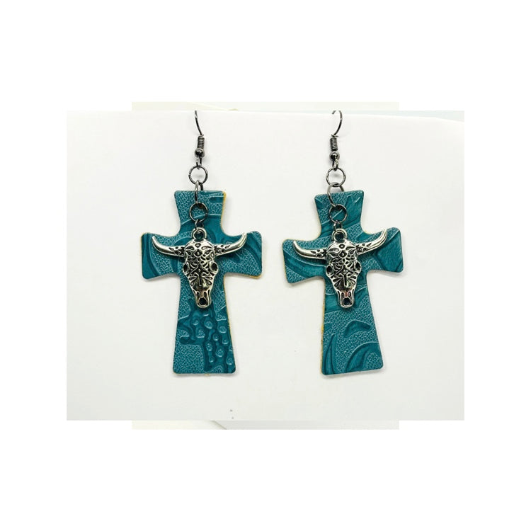 Blue Steel Faux Leather Cross Earring
