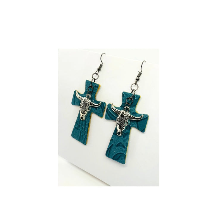 Blue Steel Faux Leather Cross Earring