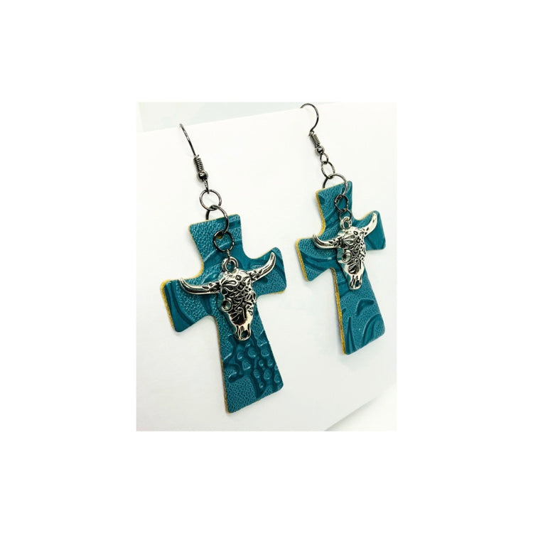 Blue Steel Faux Leather Cross Earring