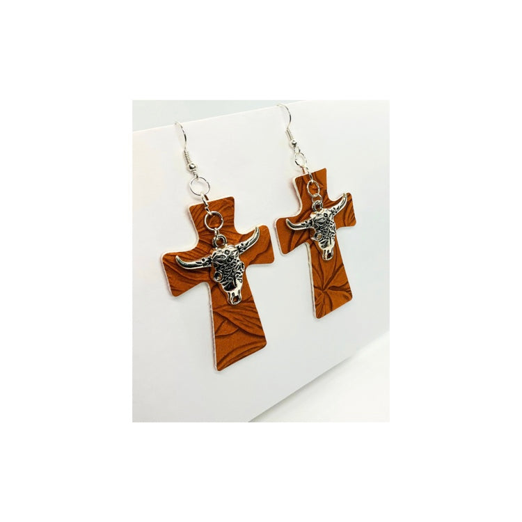 Chestnut Faux Leather Cross Earring
