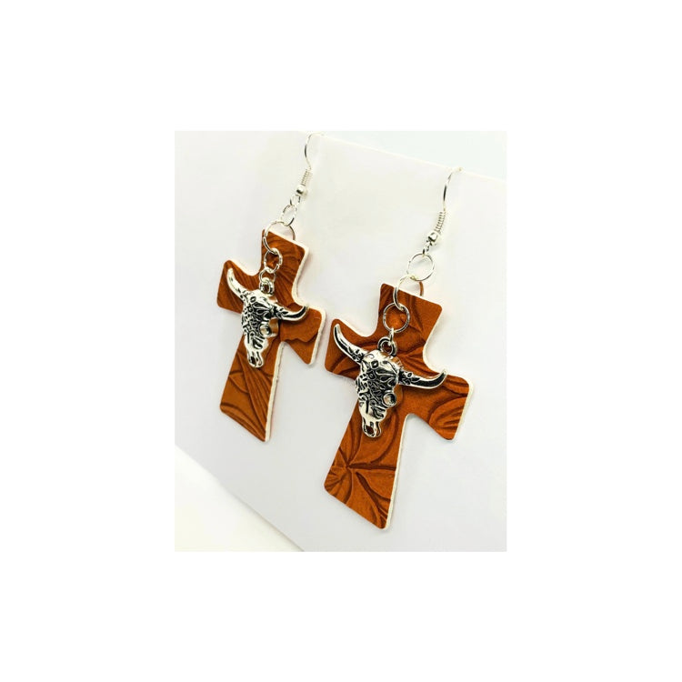 Chestnut Faux Leather Cross Earring
