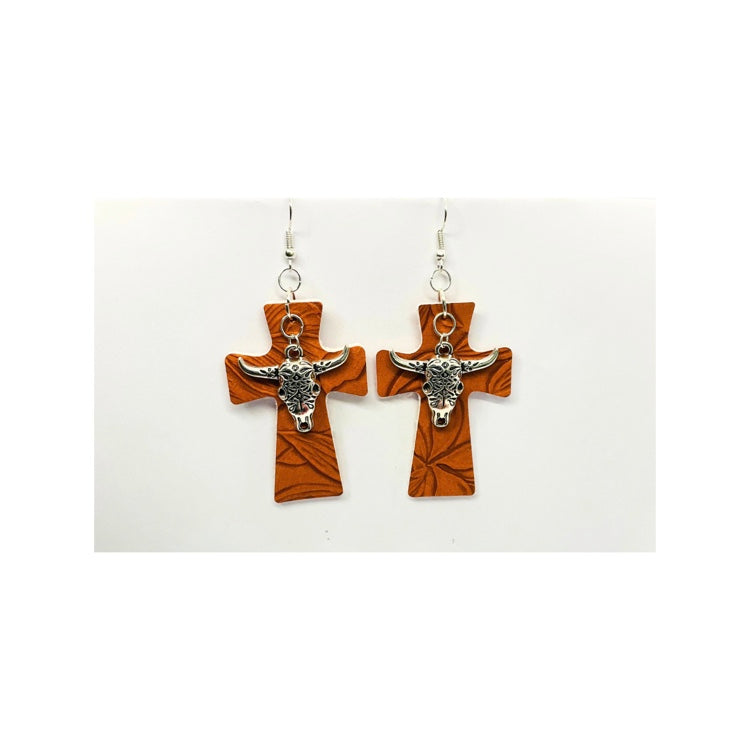 Chestnut Faux Leather Cross Earring