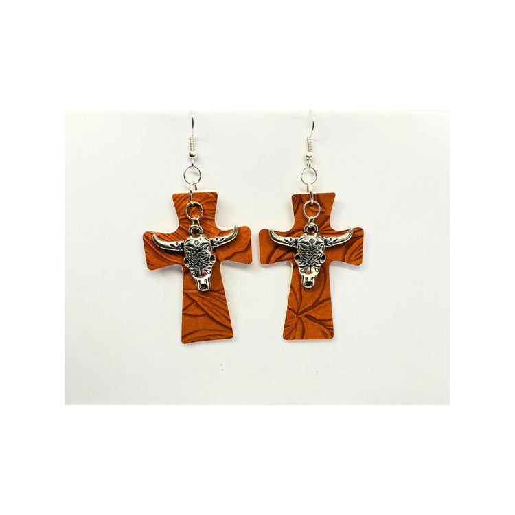 Chestnut Faux Leather Cross Earring