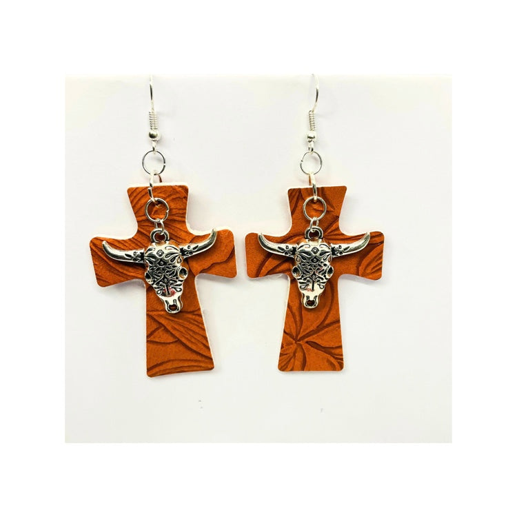 Chestnut Faux Leather Cross Earring