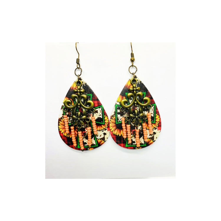 Sunflower Faux Leather Teardrop Dangle Earring with Fleur-de-lis Charm and Beaded Detailing