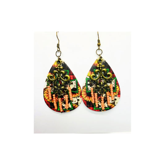 Sunflower Faux Leather Teardrop Dangle Earring with Fleur-de-lis Charm and Beaded Detailing