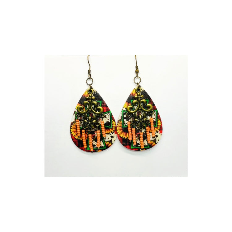 Sunflower Faux Leather Teardrop Dangle Earring with Fleur-de-lis Charm and Beaded Detailing