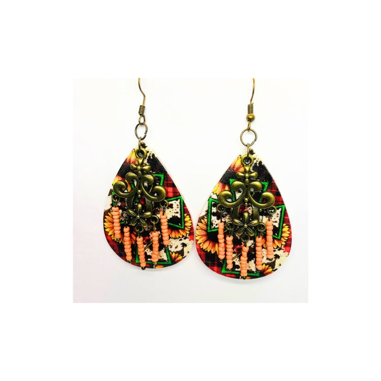 Sunflower Faux Leather Teardrop Dangle Earring with Fleur-de-lis Charm and Beaded Detailing