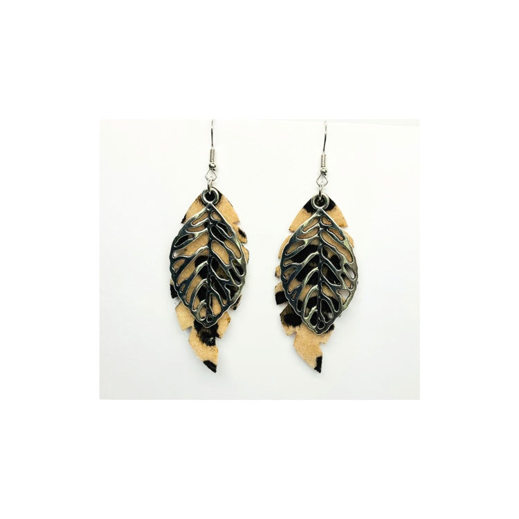 Faux Cheetah Leaf Dangle Earring with Silver Leaf Charm - Elegant Faux Leather Hook Earrings for Daily Casual Wear