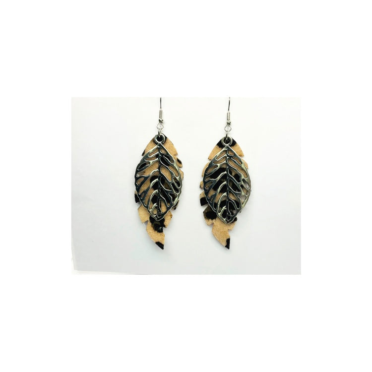 Faux Cheetah Leaf Dangle Earring with Silver Leaf Charm - Elegant Faux Leather Hook Earrings for Daily Casual Wear
