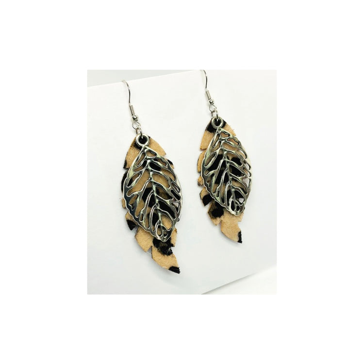 Faux Cheetah Leaf Dangle Earring with Silver Leaf Charm - Elegant Faux Leather Hook Earrings for Daily Casual Wear