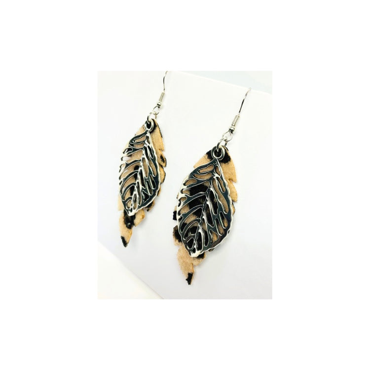 Faux Cheetah Leaf Dangle Earring with Silver Leaf Charm - Elegant Faux Leather Hook Earrings for Daily Casual Wear