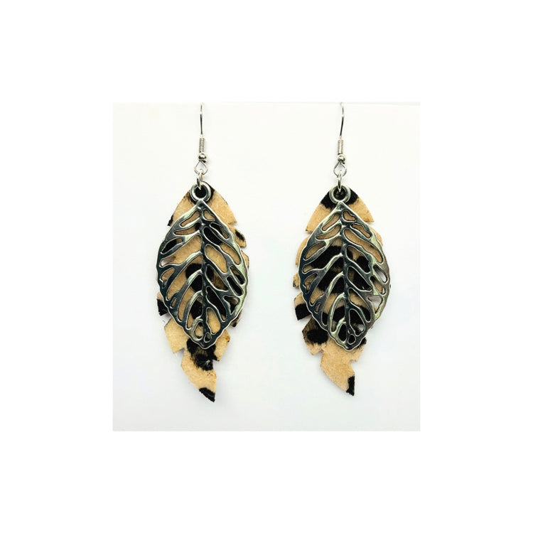 Faux Cheetah Leaf Dangle Earring with Silver Leaf Charm - Elegant Faux Leather Hook Earrings for Daily Casual Wear