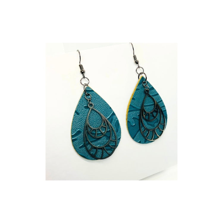 Blue Steel Teardrop Faux Leather Dangle