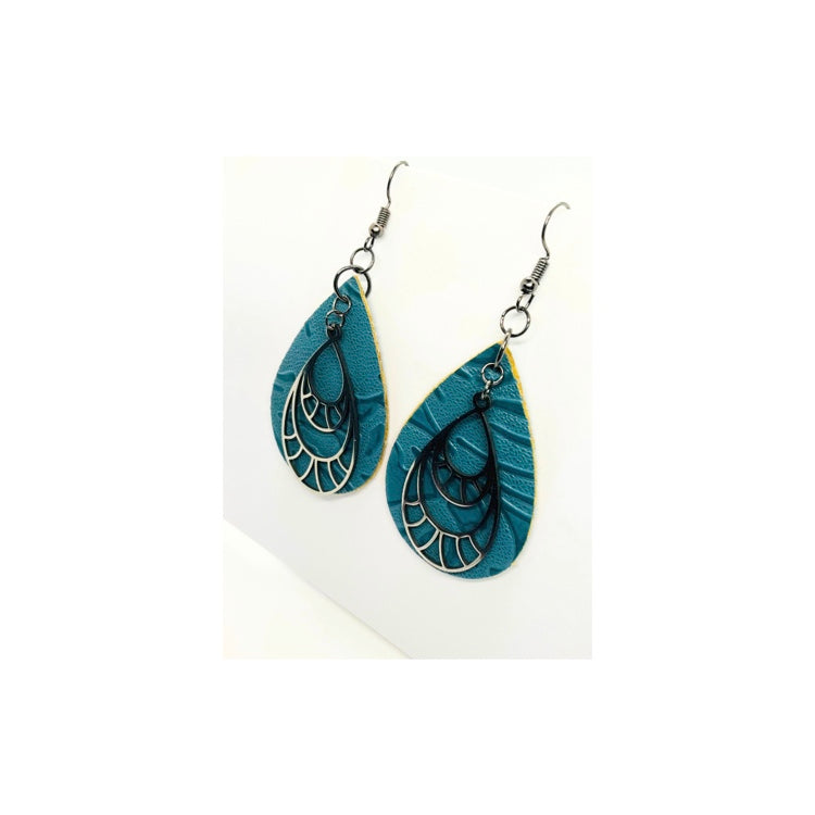 Blue Steel Teardrop Faux Leather Dangle