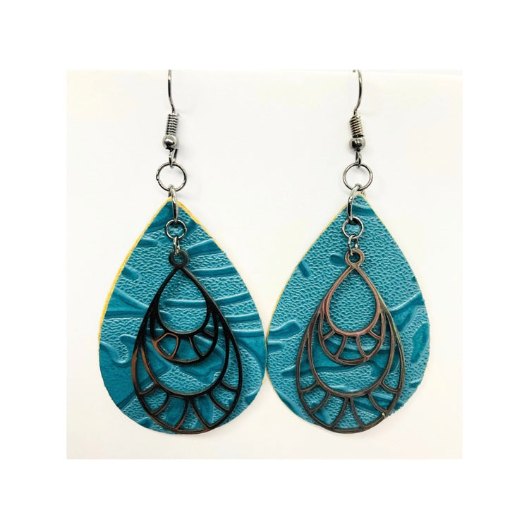 Blue Steel Teardrop Faux Leather Dangle