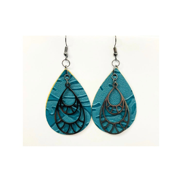 Blue Steel Teardrop Faux Leather Dangle