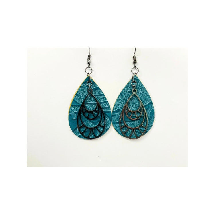 Blue Steel Teardrop Faux Leather Dangle