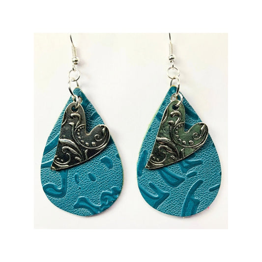 Steel Blue Faux Leather Teardrop Dangle with Silver Heart