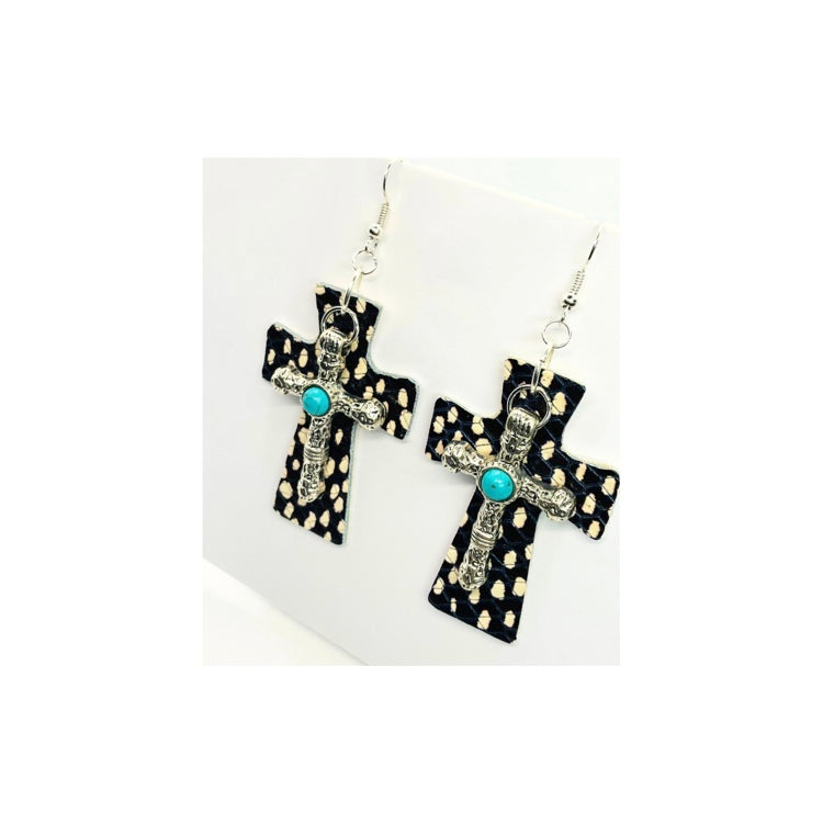 Black and White Dot Leather Dangle Cross with Silver Turquoise Cross