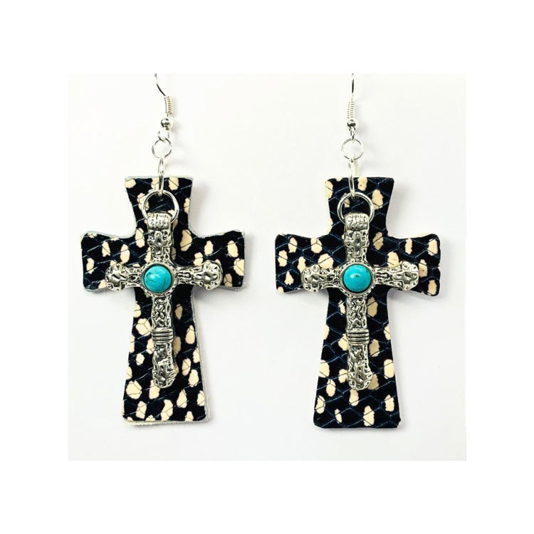 Black and White Dot Leather Dangle Cross with Silver Turquoise Cross