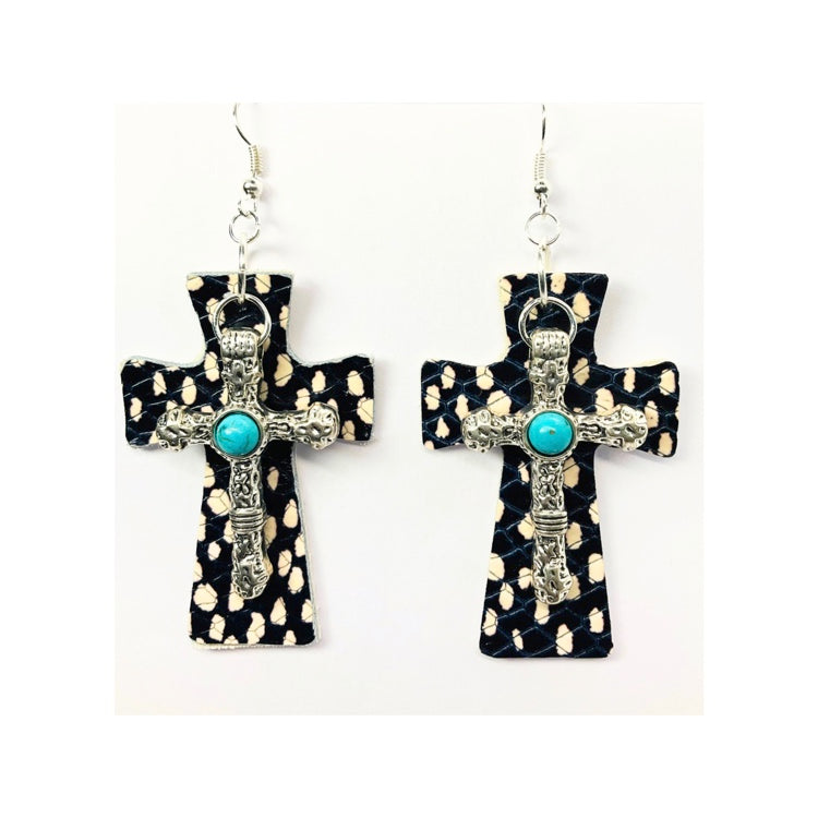 Black and White Dot Leather Dangle Cross with Silver Turquoise Cross