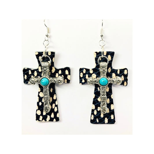 Black and White Dot Leather Dangle Cross with Silver Turquoise Cross