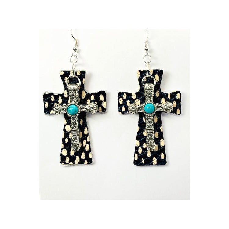 Black and White Dot Leather Dangle Cross with Silver Turquoise Cross