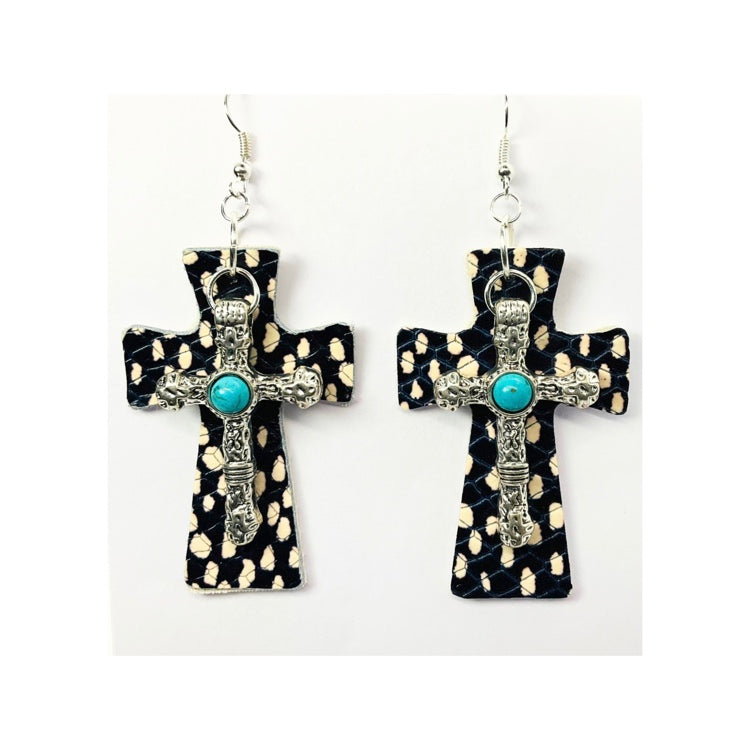 Black and White Dot Leather Dangle Cross with Silver Turquoise Cross