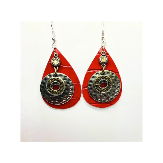 Red Leather Teardrop with Hammered Silver Earrings