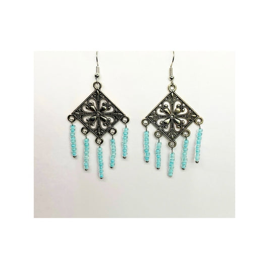 Chandelier Silver with Blue Beaded Earrings Elegant Party Drop Earrings Metal Coating Handmade Western Style Beads