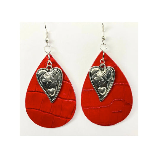 Red Leather Teardrop Dangle with Silver Heart