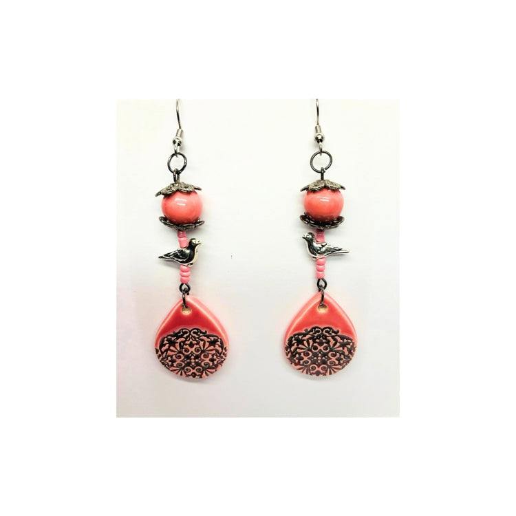 Pink Ceramic Mandala Teardrop Dangle Earrings with Silver Bird Embellishment Handmade One at a Time Dark Silver Ear Wire