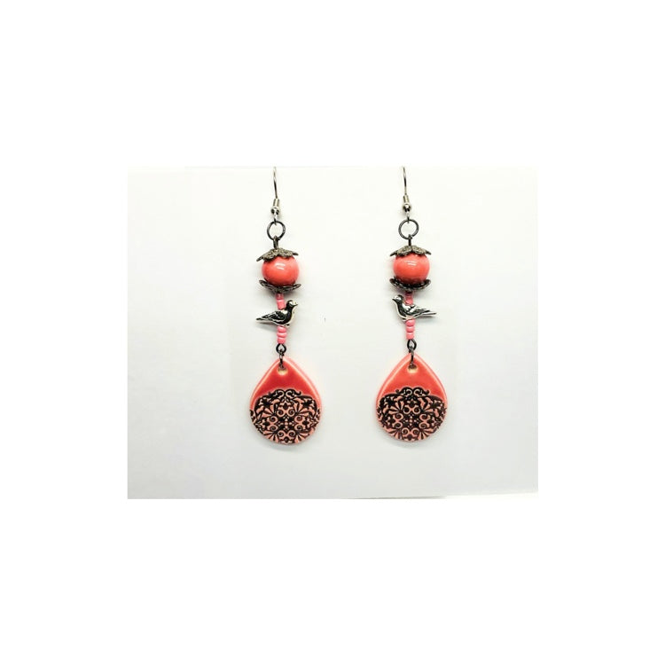 Pink Ceramic Mandala Teardrop Dangle Earrings with Silver Bird Embellishment Handmade One at a Time Dark Silver Ear Wire