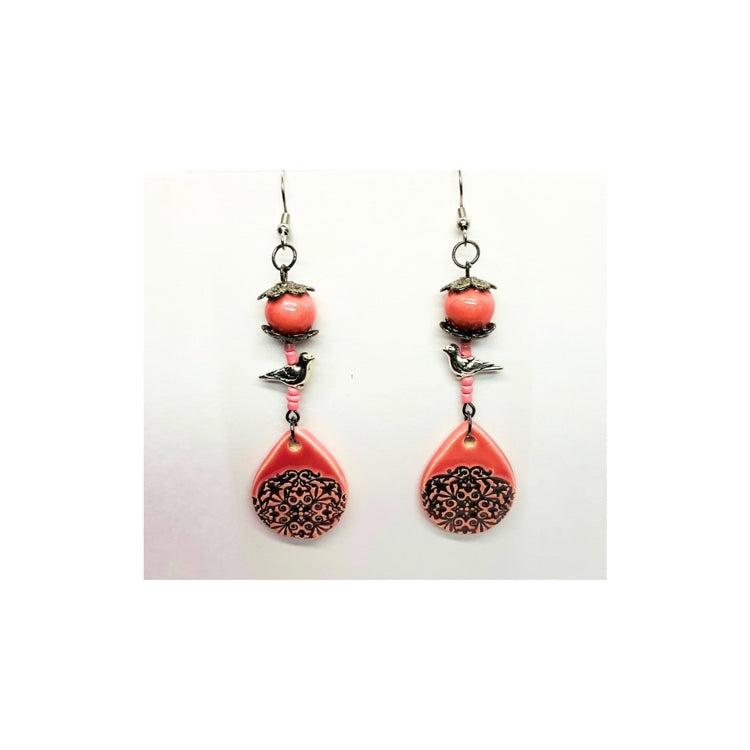 Pink Ceramic Mandala Teardrop Dangle Earrings with Silver Bird Embellishment Handmade One at a Time Dark Silver Ear Wire